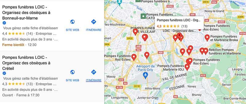 Google Map d'une recherche entreprise de pompes funèbres 94