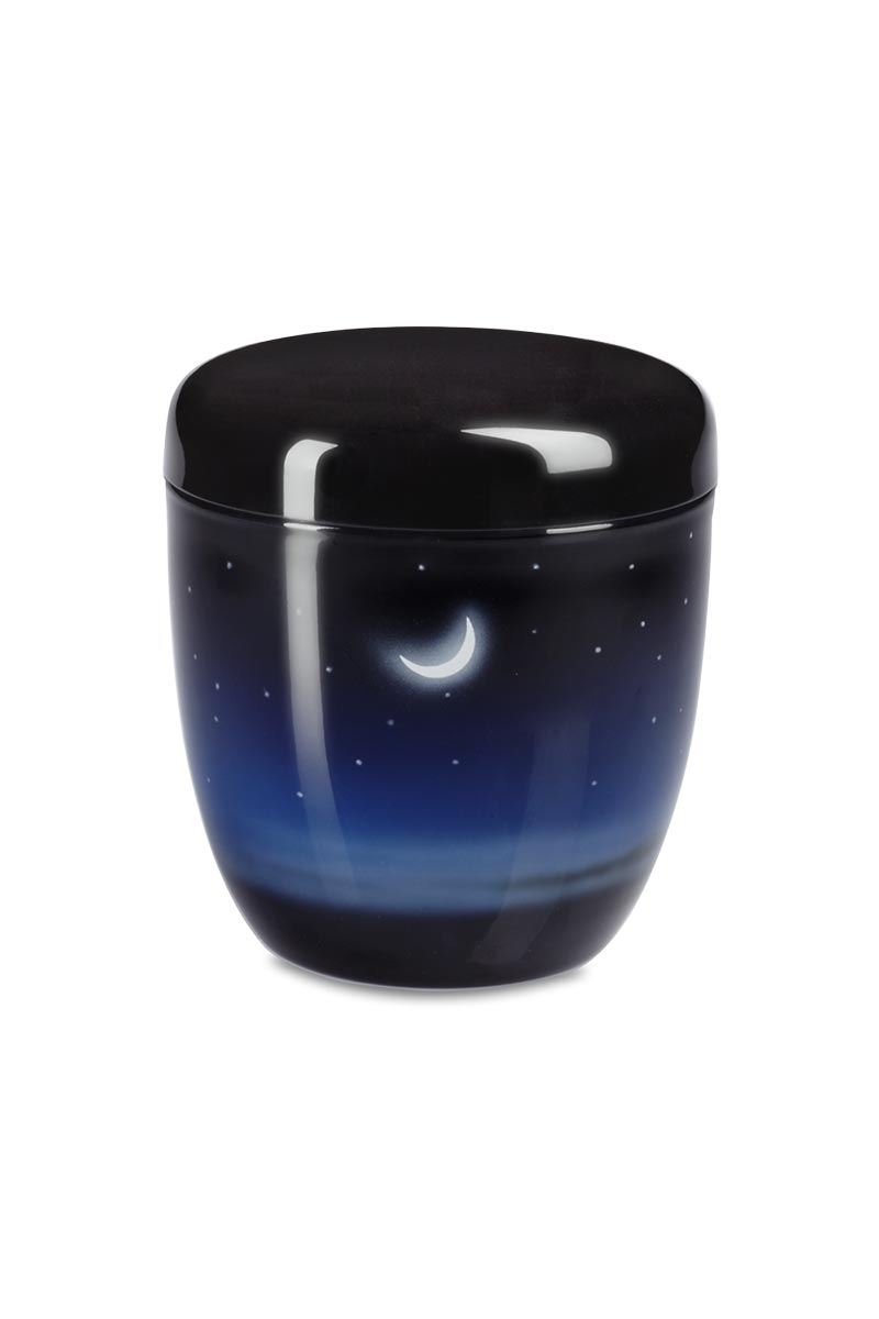 urne cinéraire aluminium céleste en aluminium de couleur bleue avec une lune et des étoiles