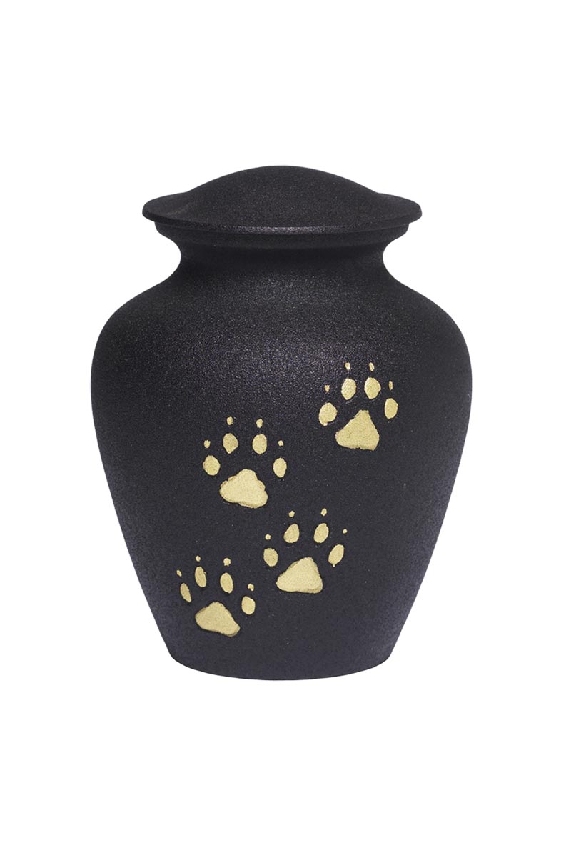 urne cinéraire animaux souvenir en laiton de couleur noir avec motifs de pattes de chien de couleur or proposées par les Pompes Funèbres LOIC