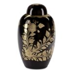 Urne cinéraire laiton fiore pour obsèques de couleur noir avec deds motifis de fleurs de couleur or