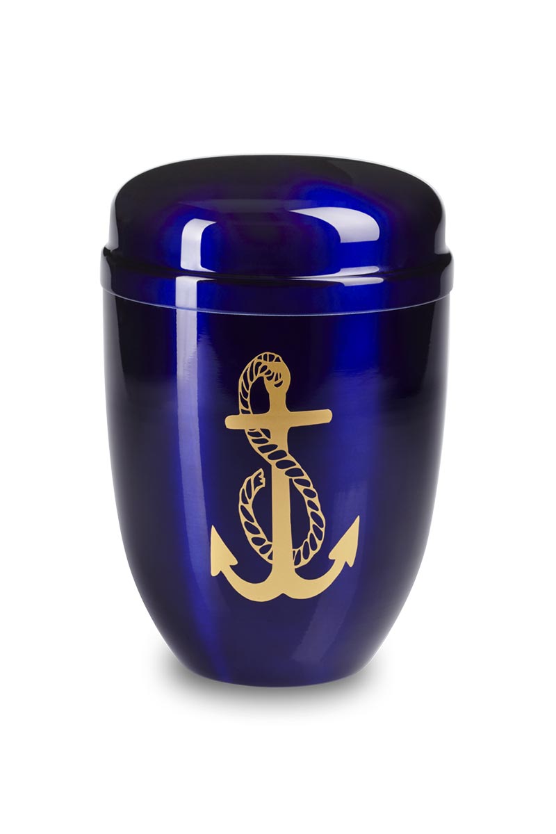 urne cinéraire métal marine de couleur bleu avec motif encre de bateau couleur or proposé par les pompes funèbres Loic