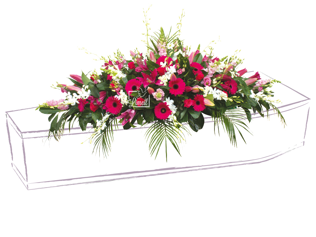 dessus de cercueil lys star en fleur naturelle composée de Dendro blanc, Rose fuchsia, Lys star, Gerbera fuchsia, Muflier rose, Lisianthus rose, Lentisque