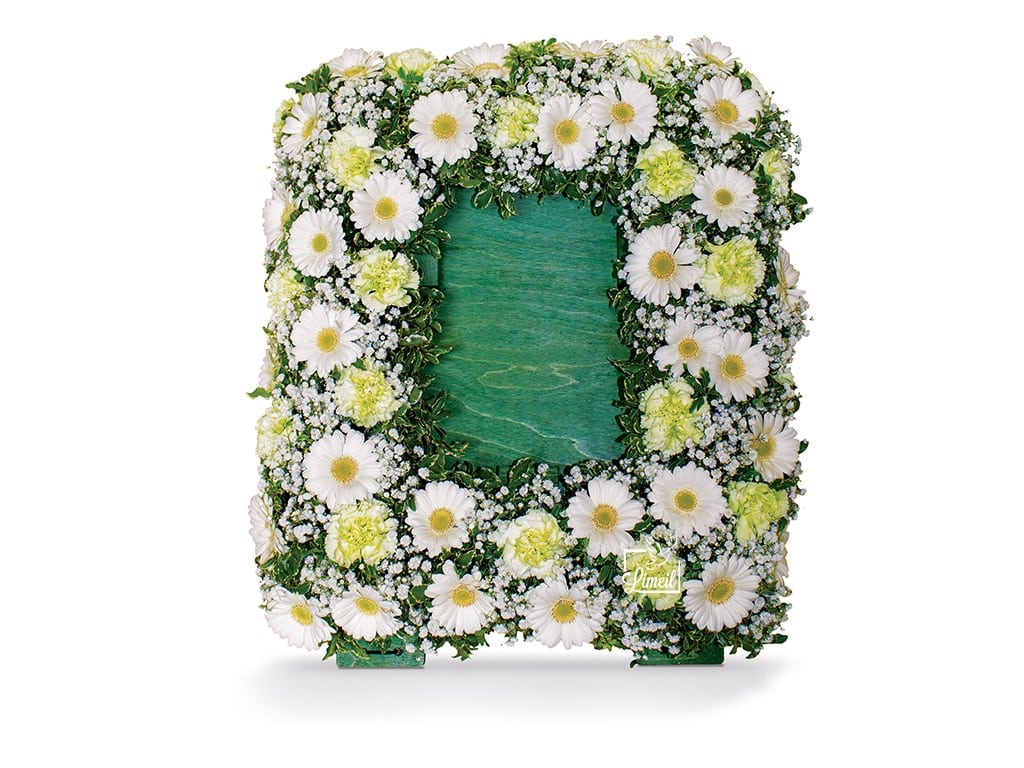 Pompes Funèbres - Cadre photo fleurs Germini blanc, Oeillet vert, Gypsophile, Lentisque