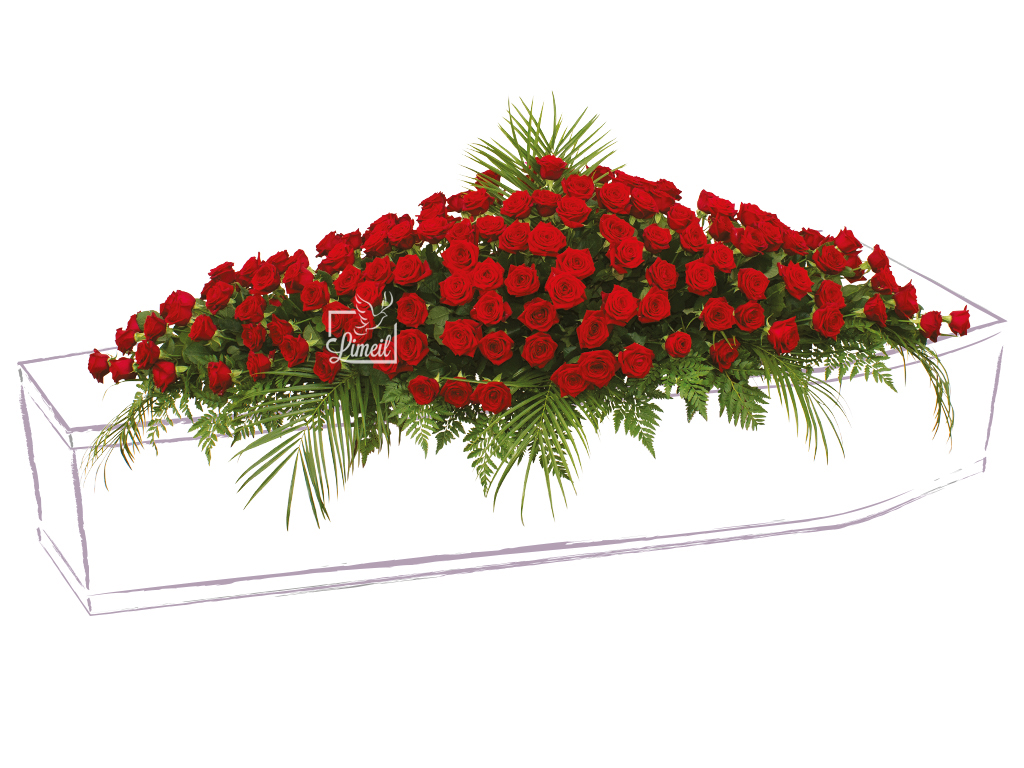 Dessus de cercueil en roses rouges proposé parles pompes funèbres LOIC