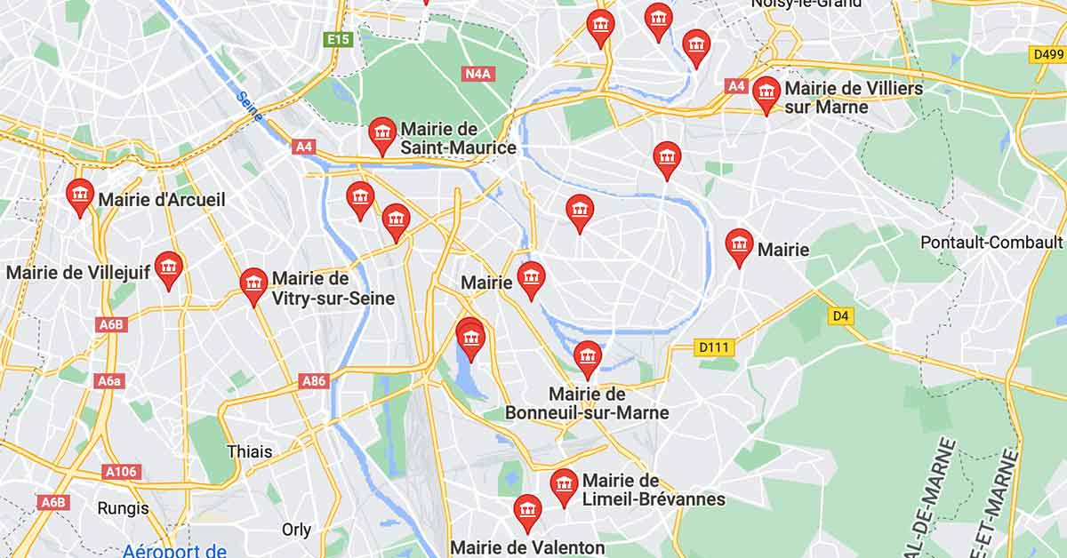 Google Map des Mairies du Val-de-Marne - Pompes funèbres LOIC