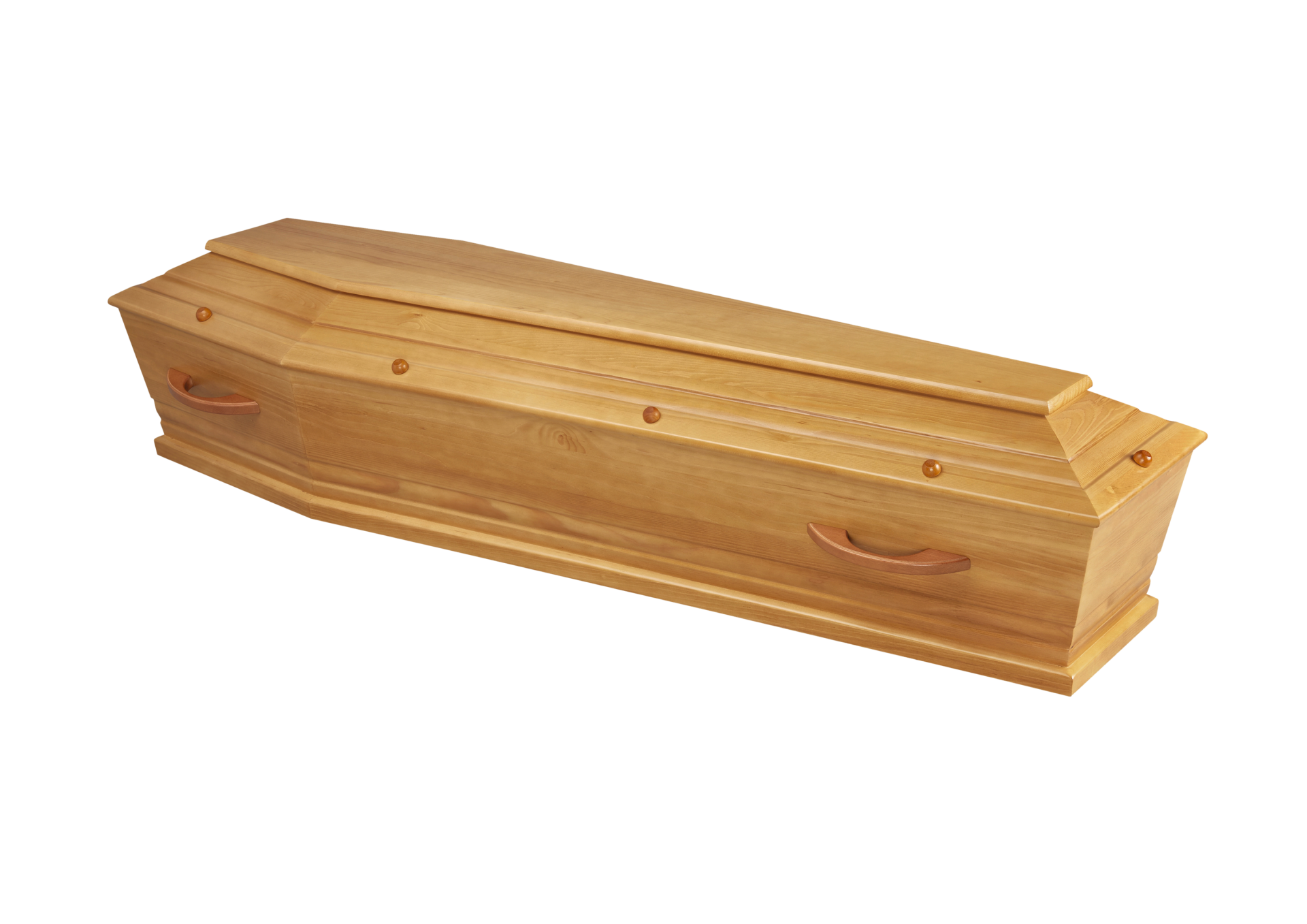 Cercueil Mareva, forme tombeau , en pin massif, demi teinte satiné avec poignées bois et cache vis boule en bois proposé par les pompes funèbres LOIC