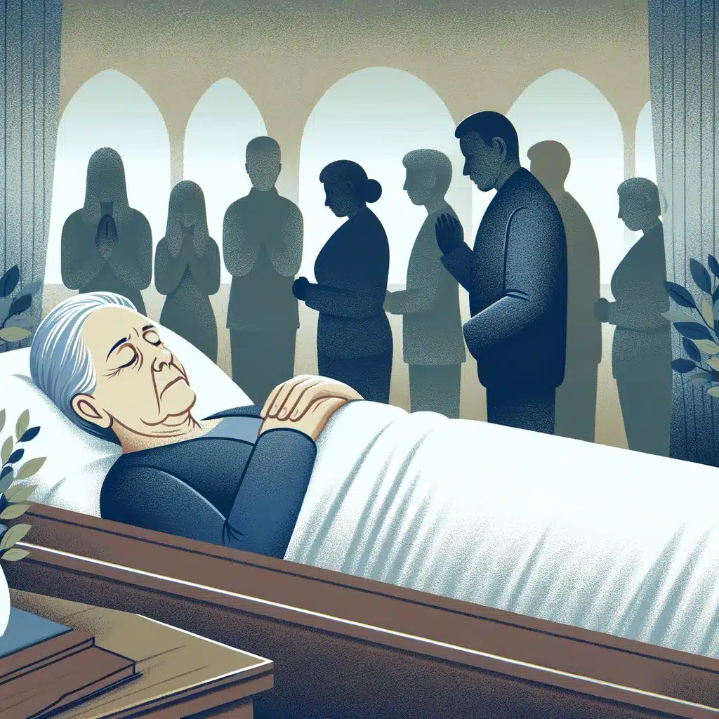 illustration représentant un défunt. L'image montre une personne décédée allongée paisiblement, les yeux fermés comme si elle dormait, entourée de personnes qui pourraient être des membres de sa famille, en deuil et lui rendant hommage.